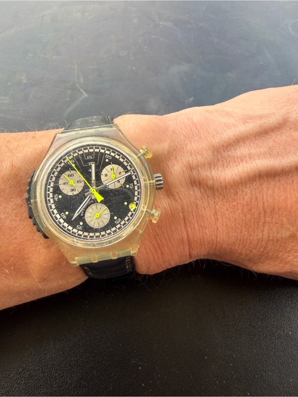 Vintage Swatch Chronograph Clear Skeleton Watch Neon Yellow Swiss Made